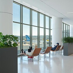 A man and woman sitting in chairs in a room with large windows.