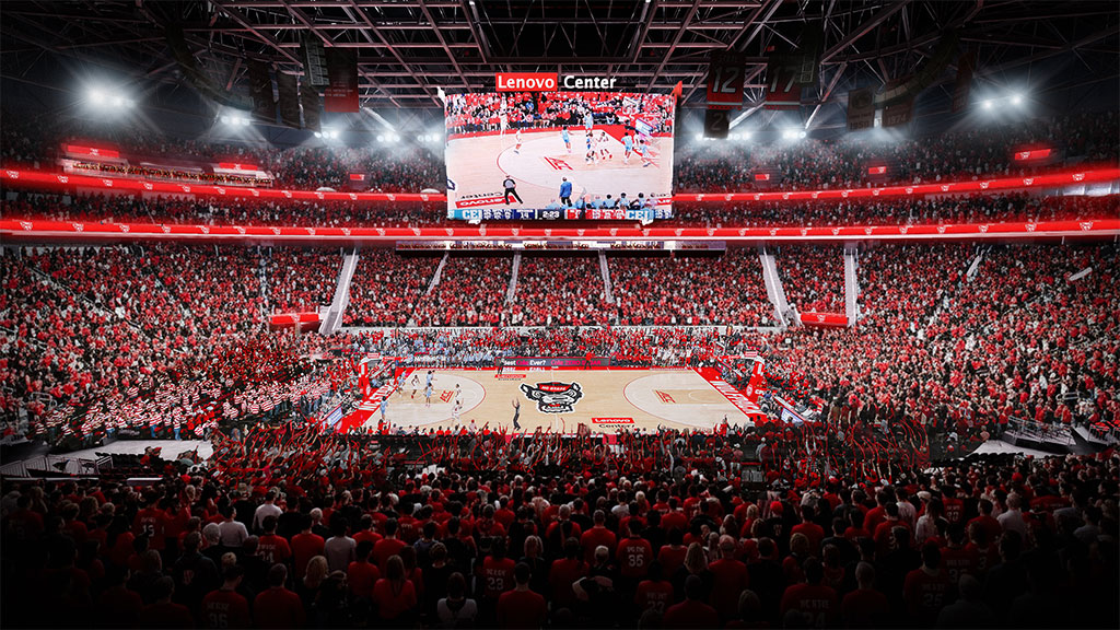 A basketball court in a stadium.
