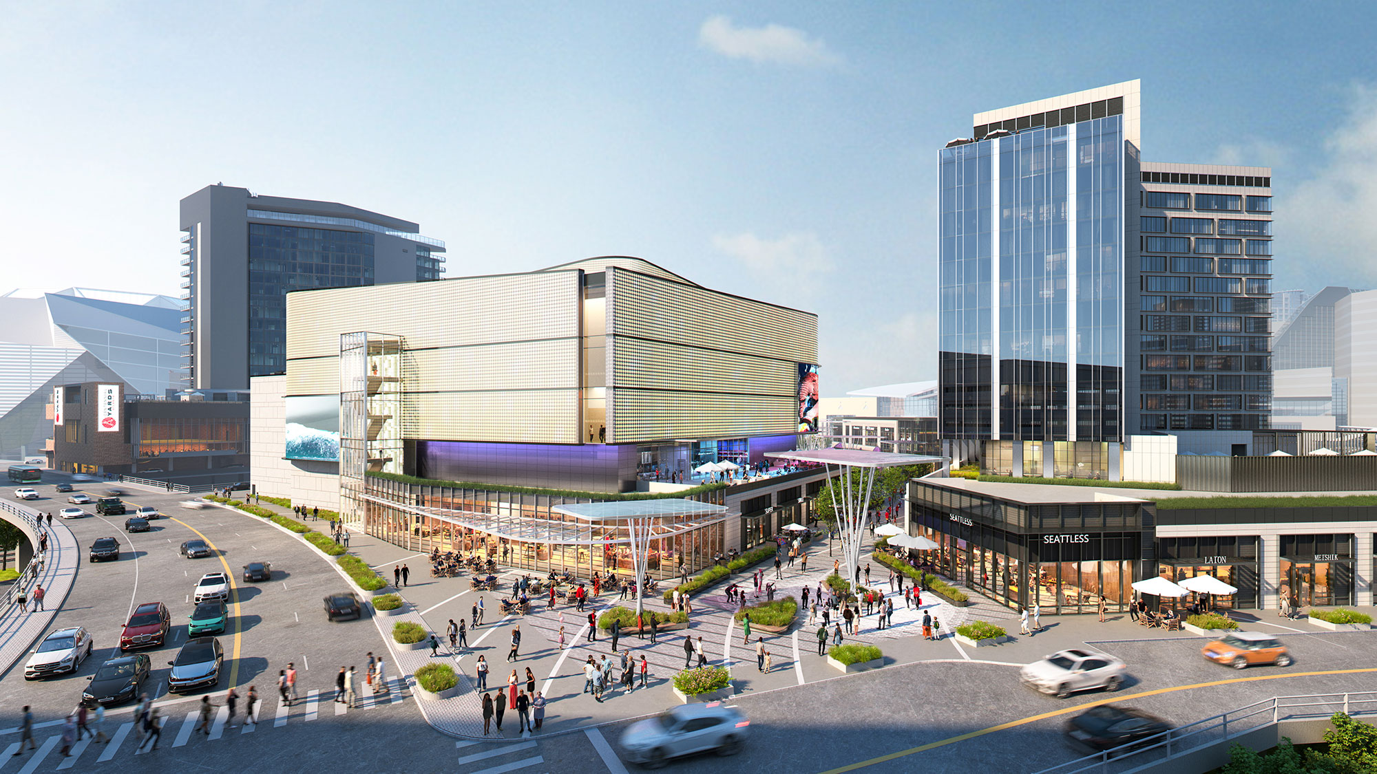 A busy street with cars and people.