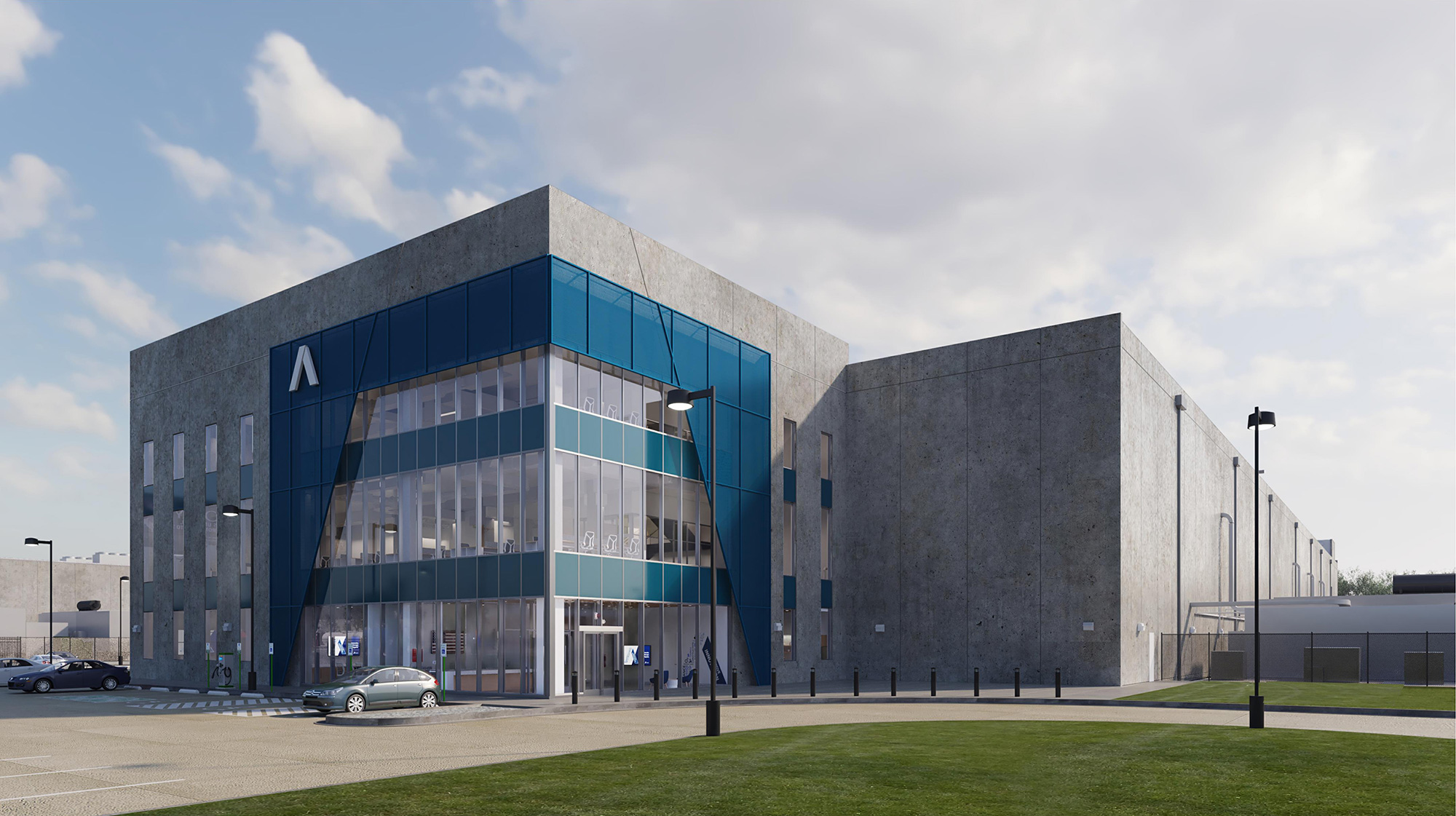 A building with a glass front.