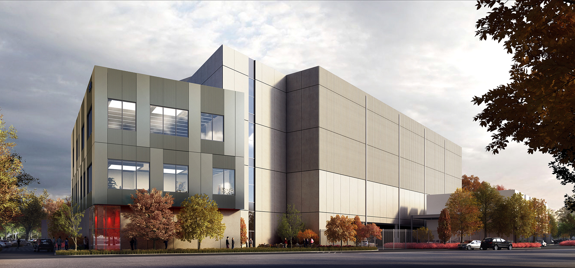 A large building with a parking lot.