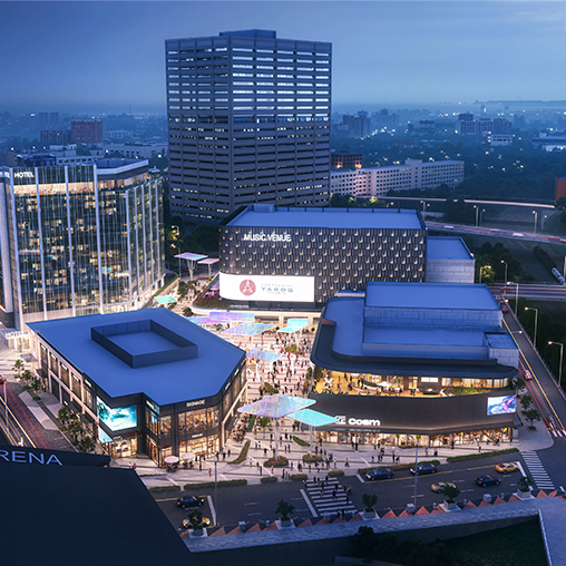 A city with tall buildings.