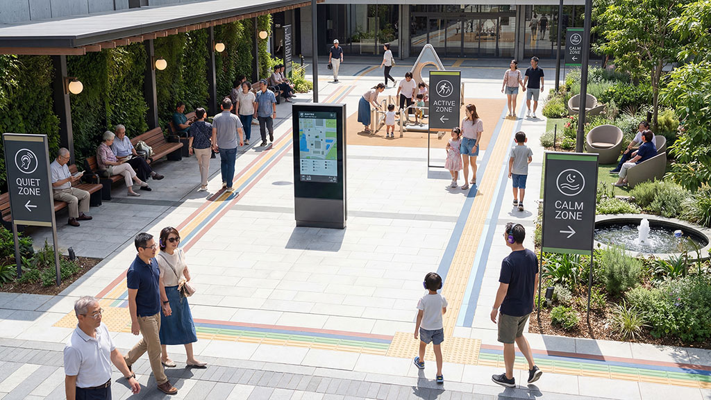 A group of people walking around a park.