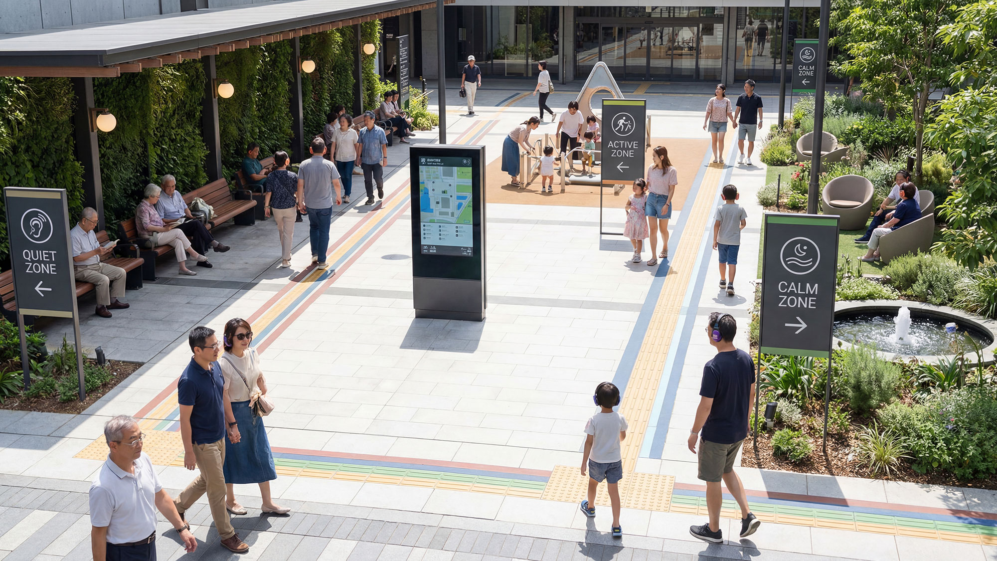 A group of people walking around a building.