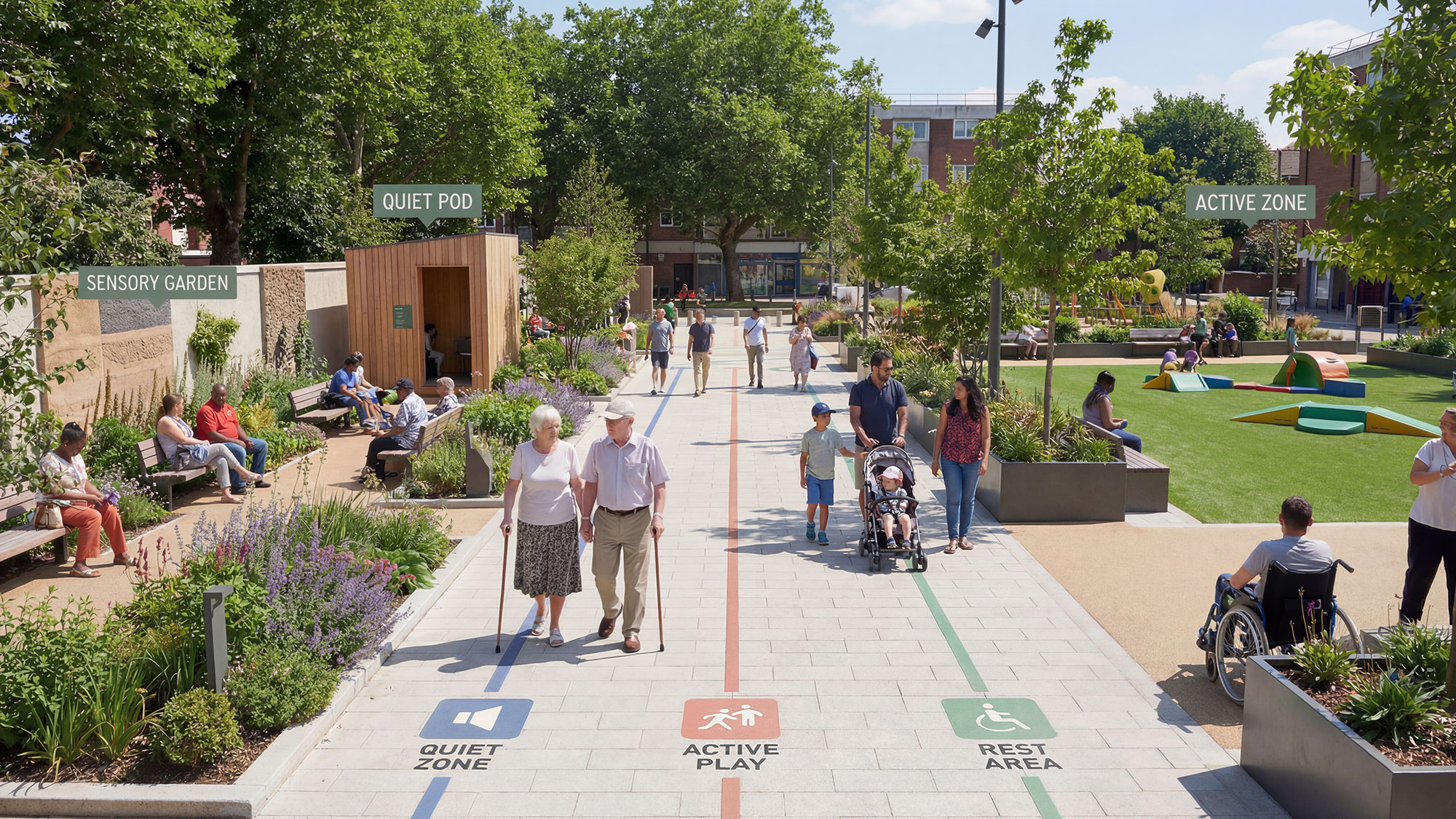 People walking on a sidewalk.