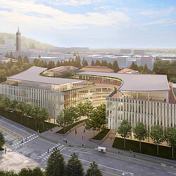 A large building with a parking lot.