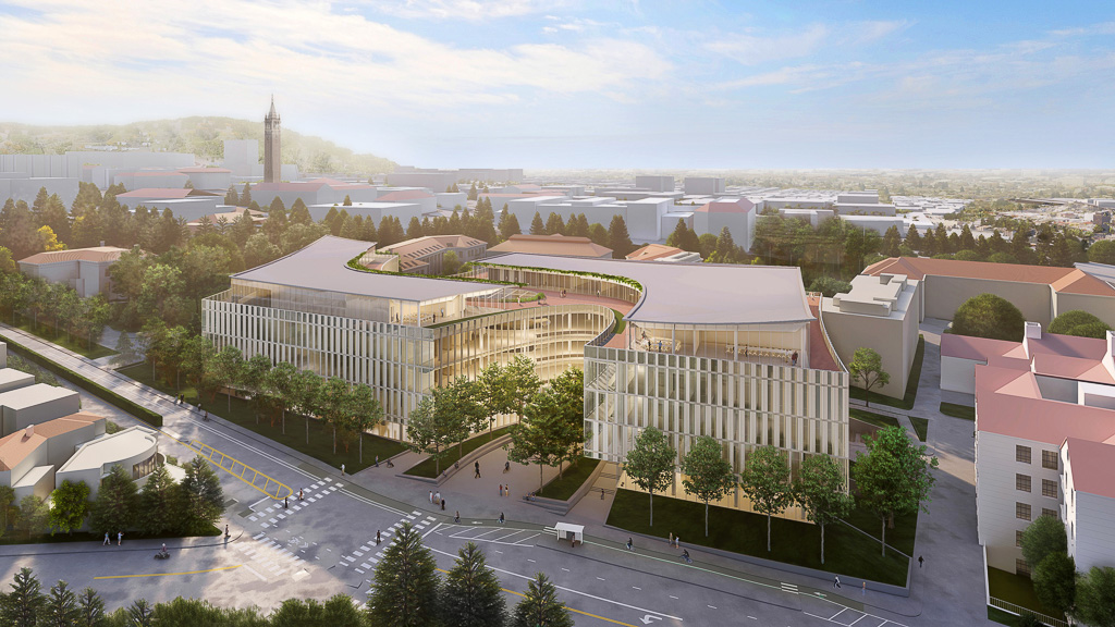 A large building with a parking lot.