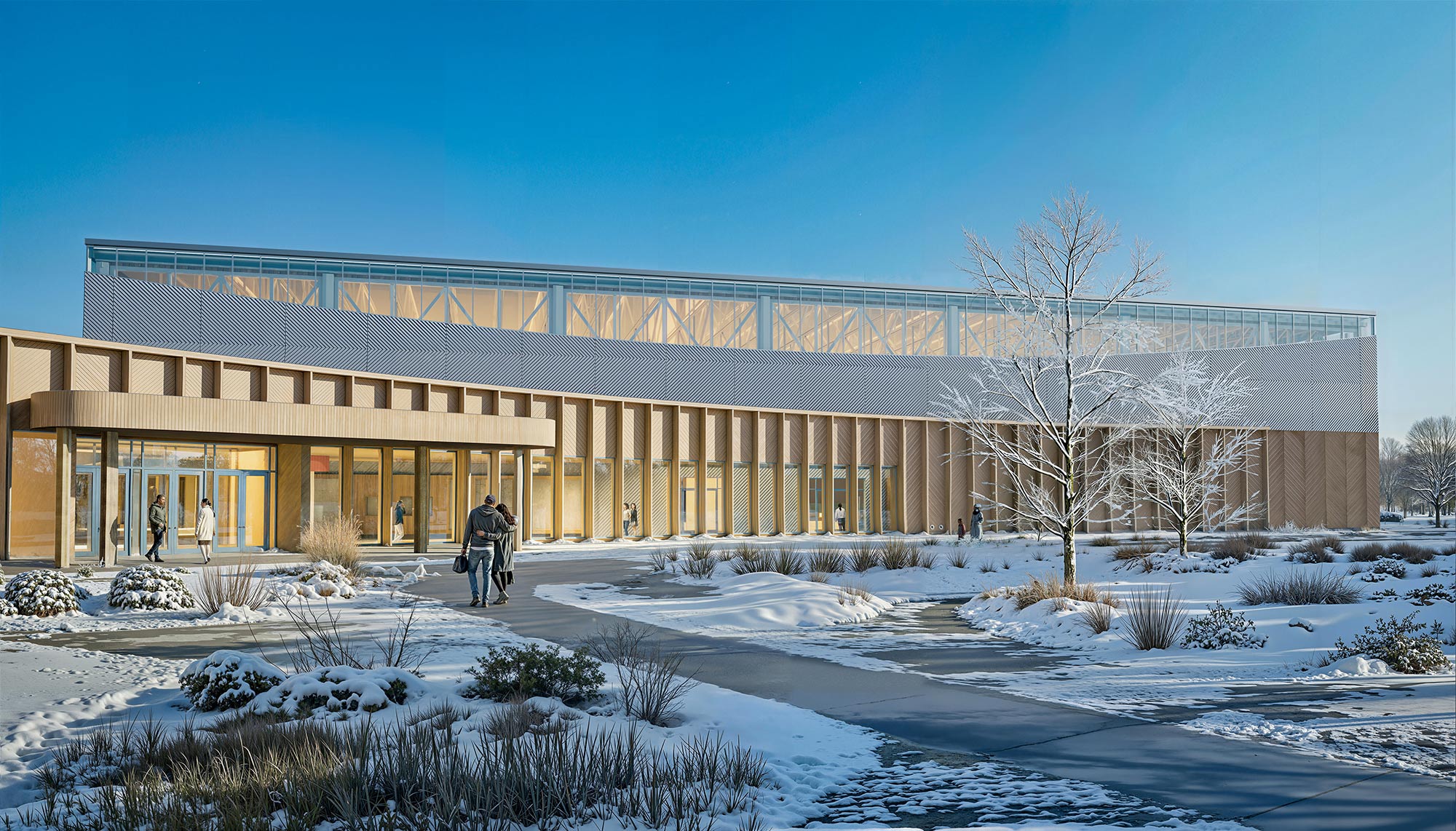 A building with a large glass front.