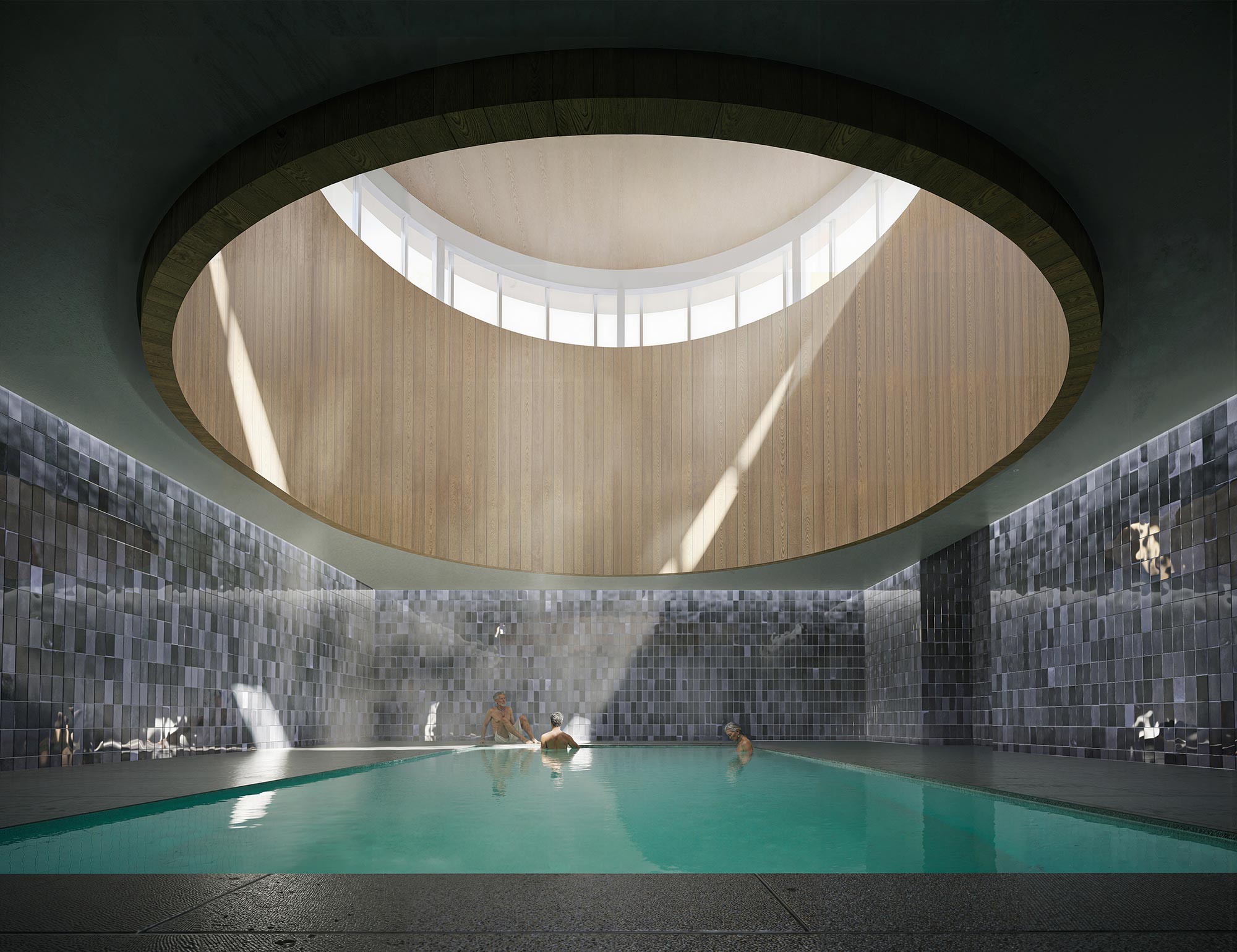 A pool with people in it.