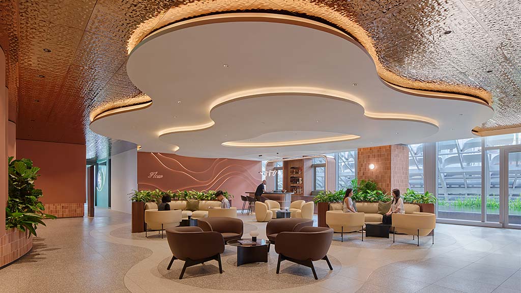 A room with a large ceiling and a large glass ceiling.