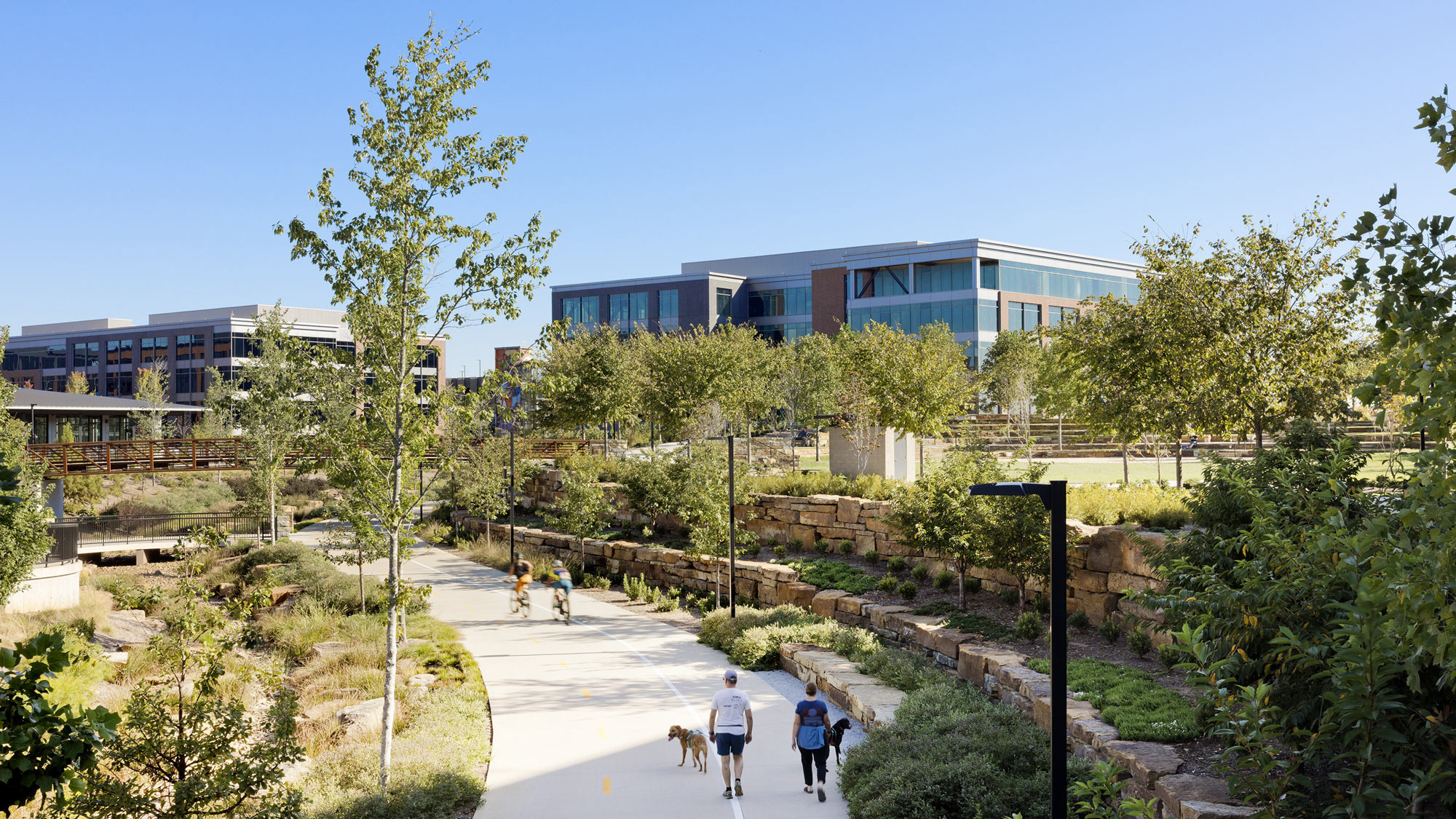 People walking a dog.
