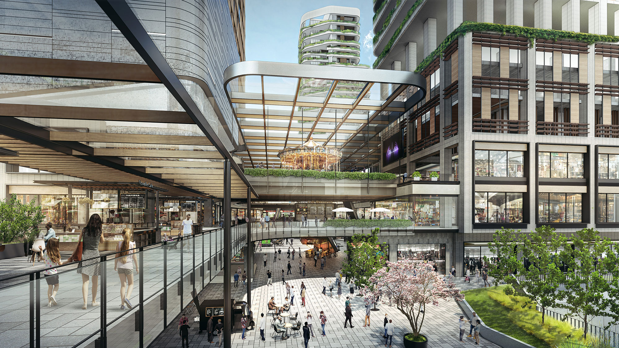A group of people walking on a walkway between buildings.