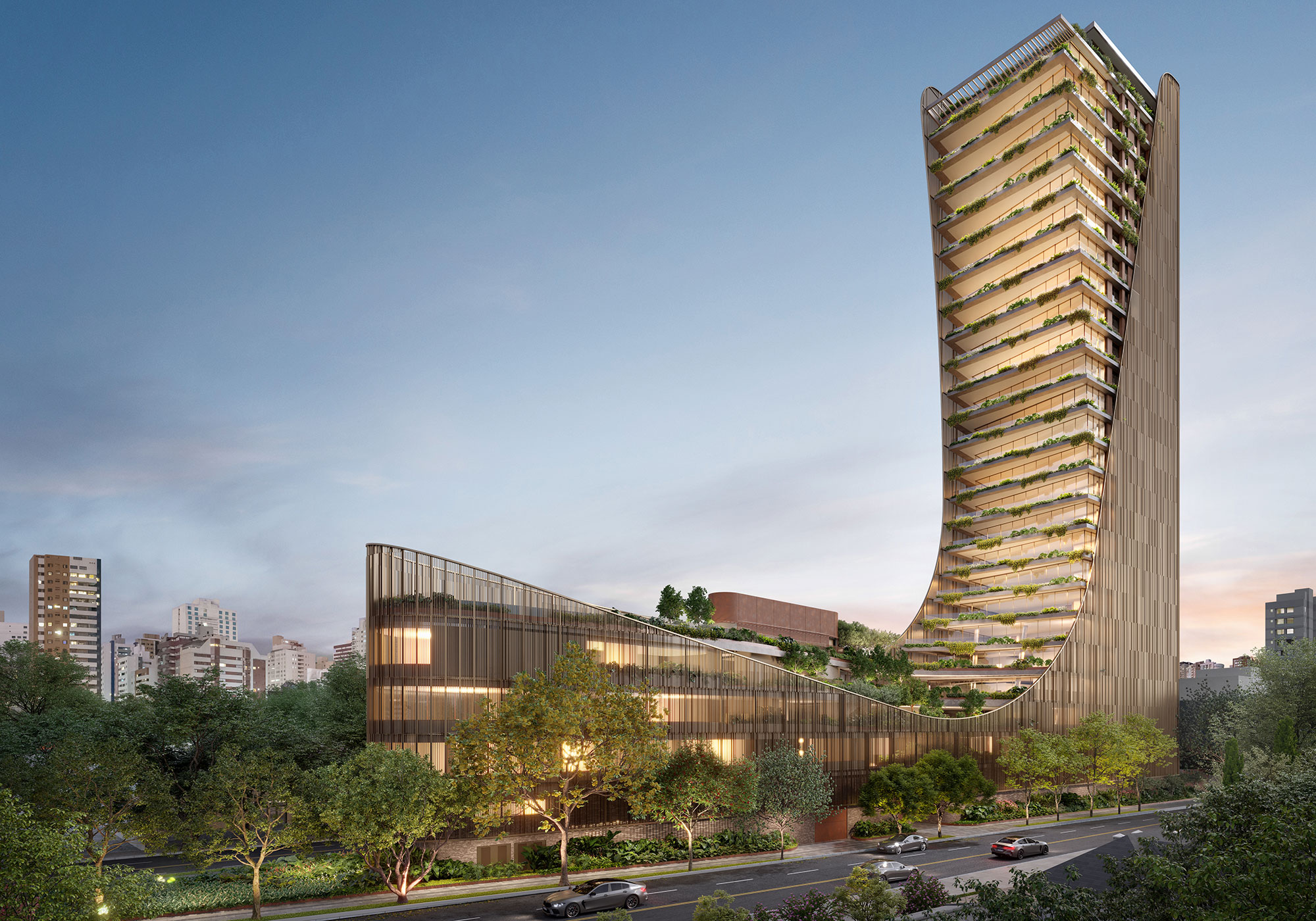 A tall building with a glass front.