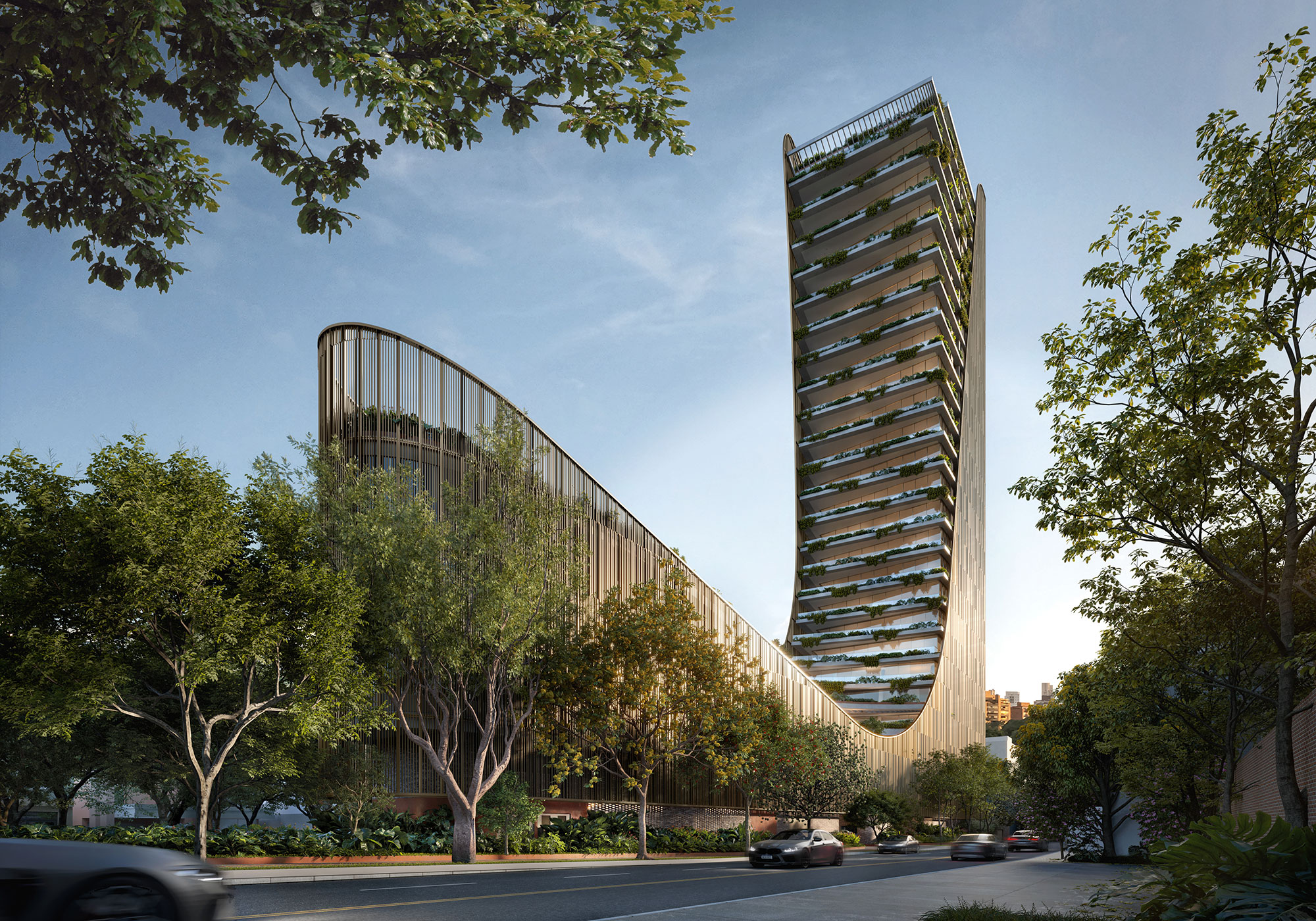 A tall building with a glass front.