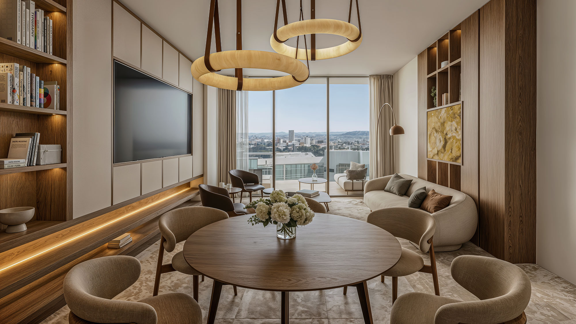 A room with a table and chairs.