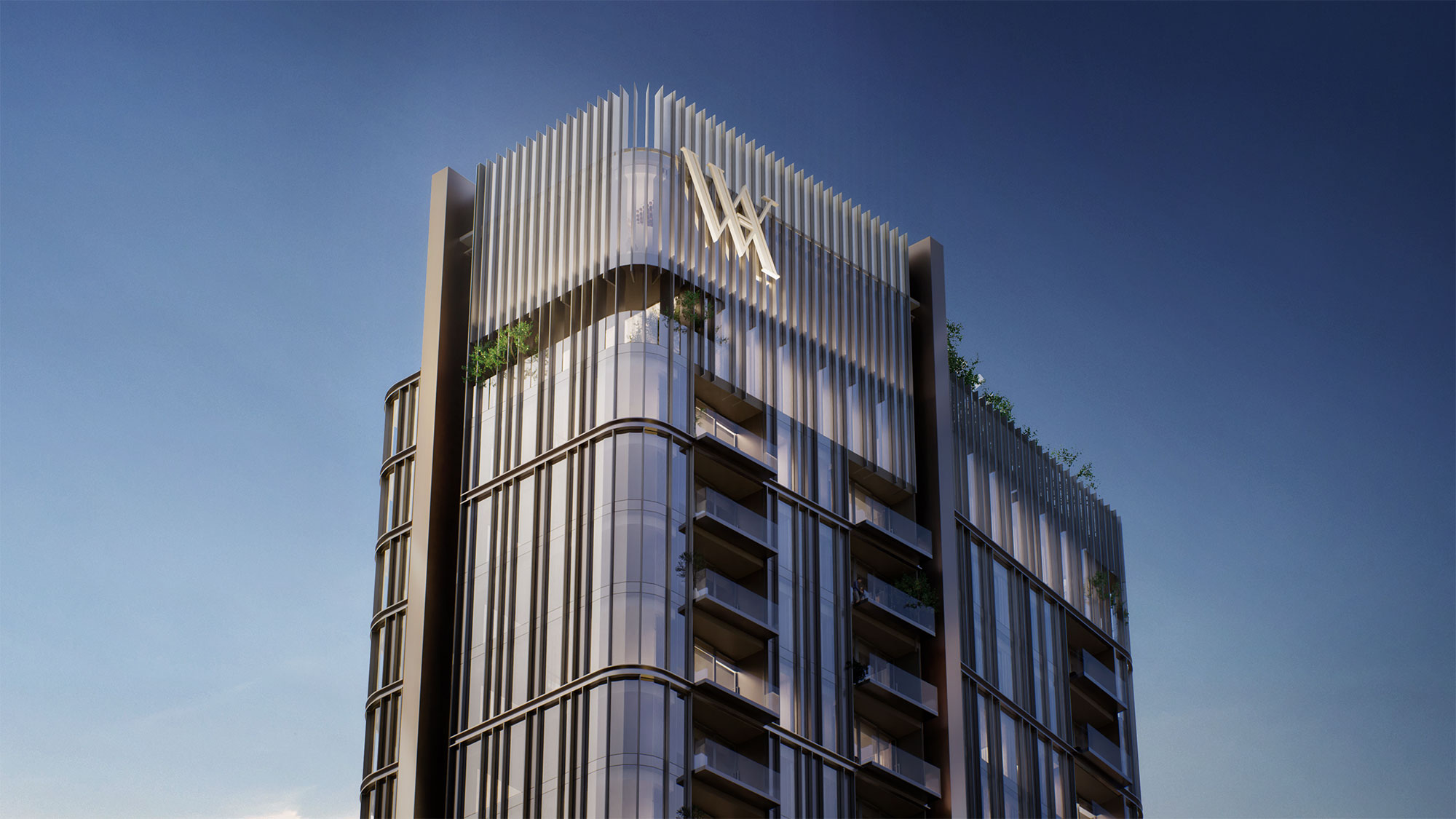 A tall building with balconies.