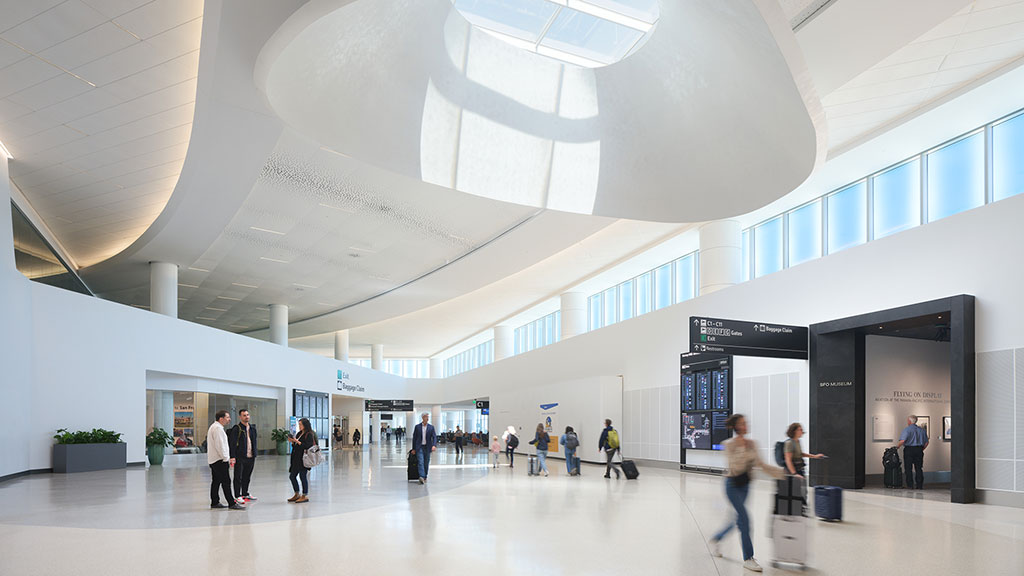 A group of people in a large building.