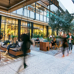 A group of people outside a building.