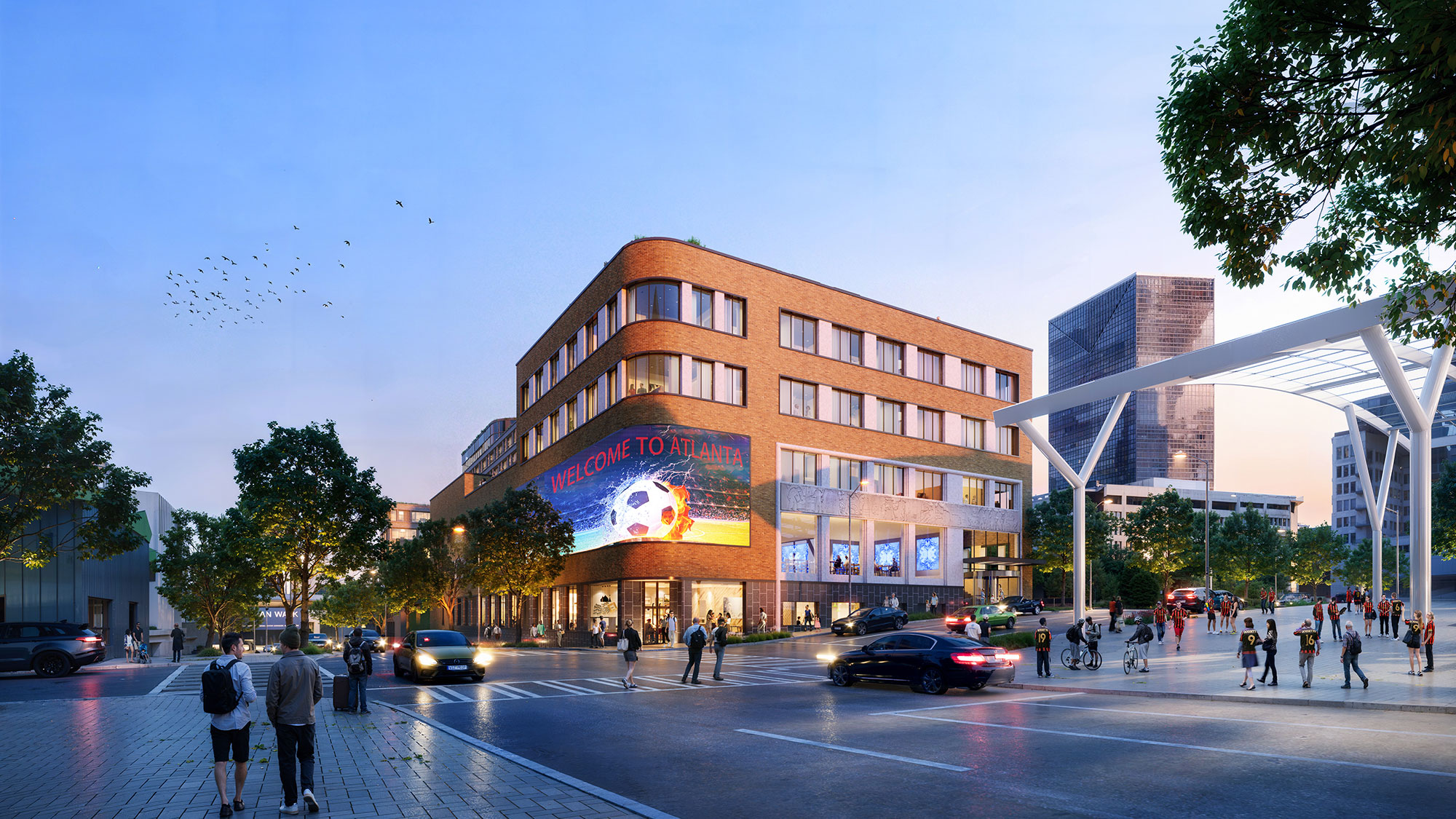 A large building with a glass front.