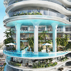 A pool with a building in the background.