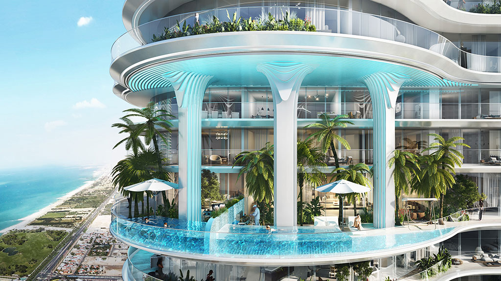 A large building with a pool.