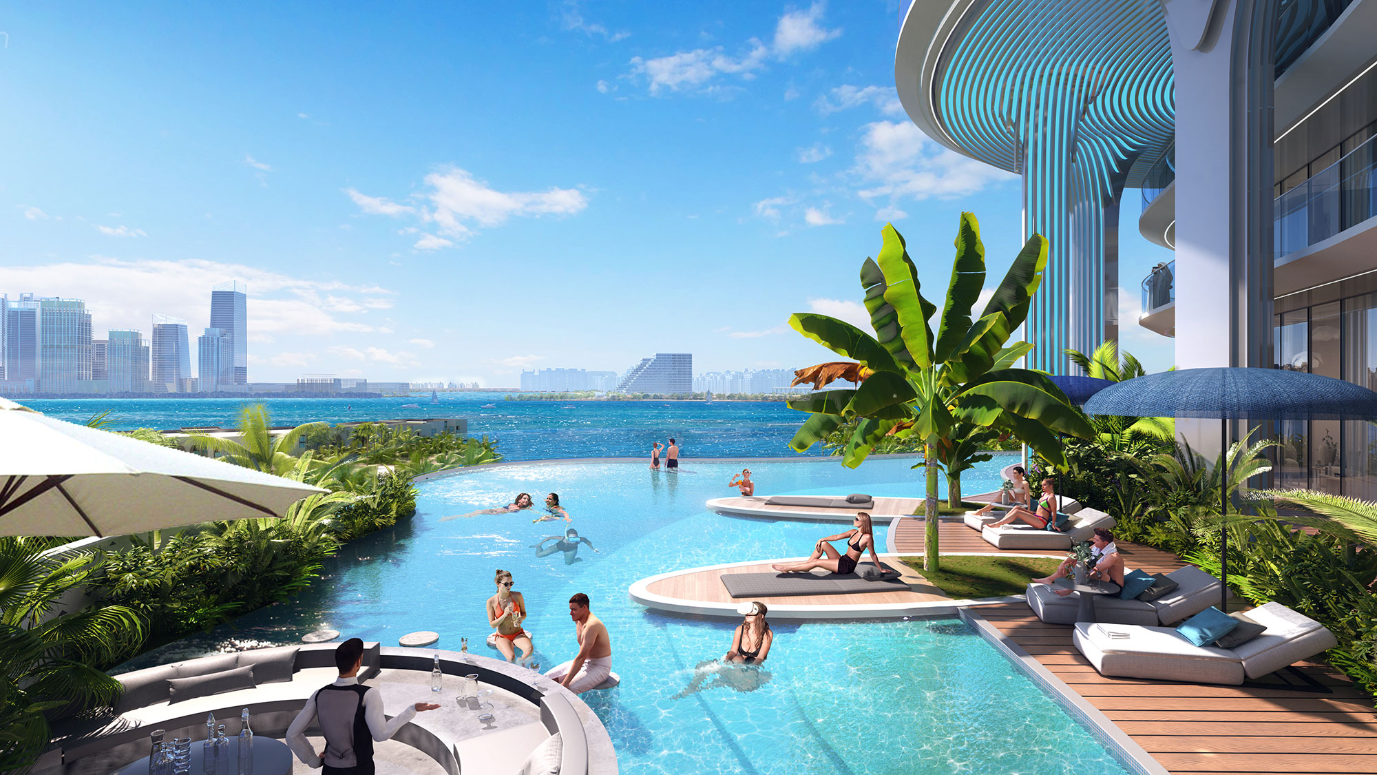 A pool with people in it and buildings in the background.