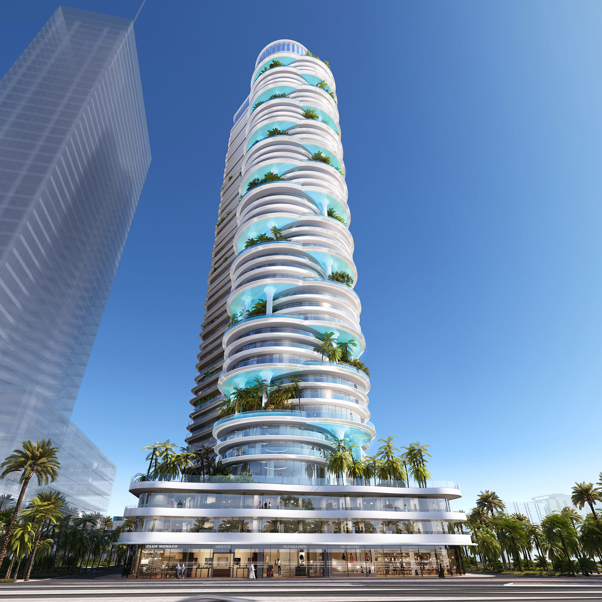 A tall building with glass walls.