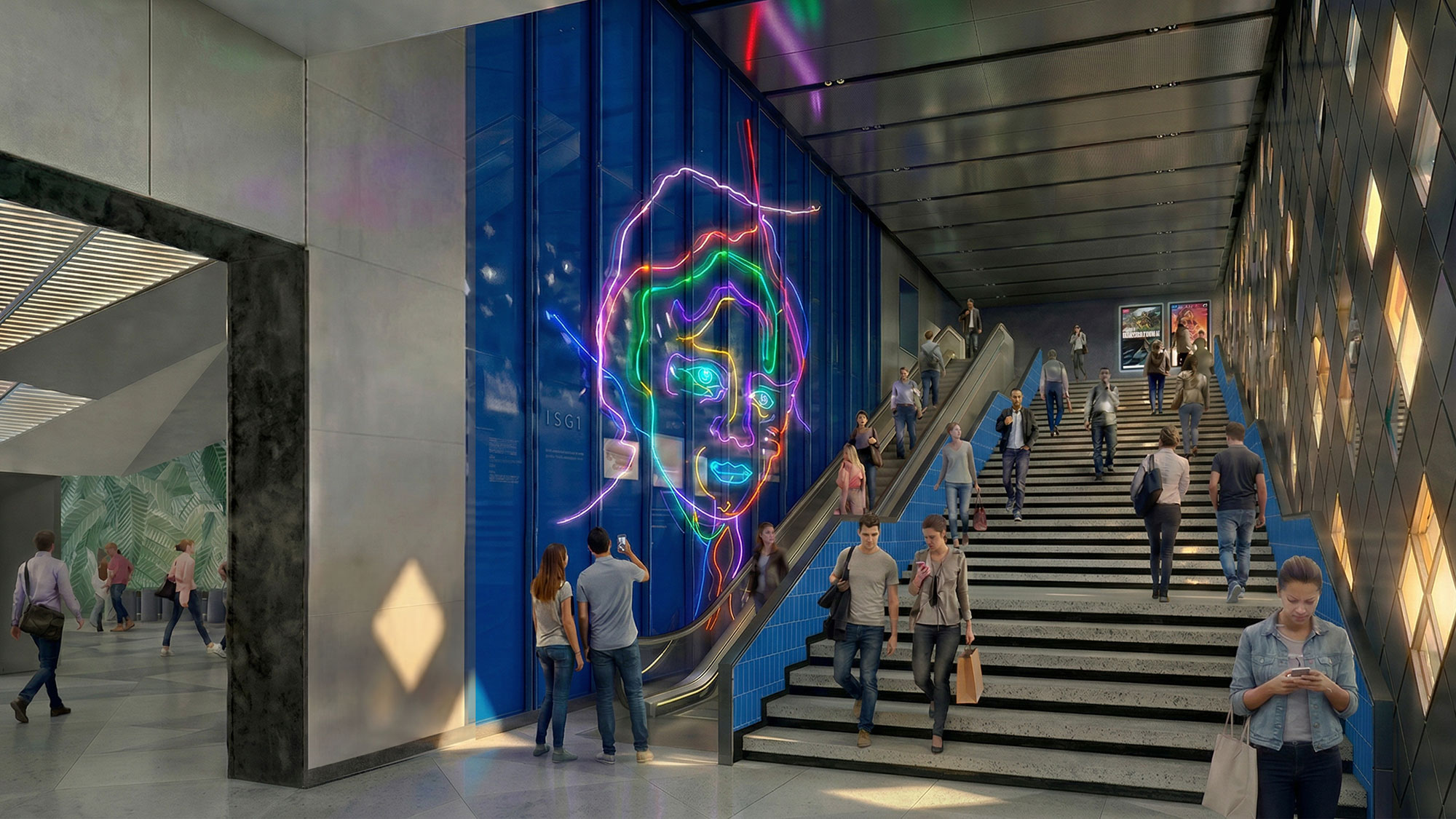 People walking up a staircase.