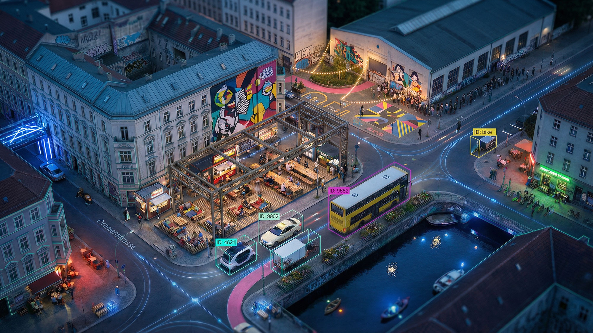 A city street with a bus and cars.