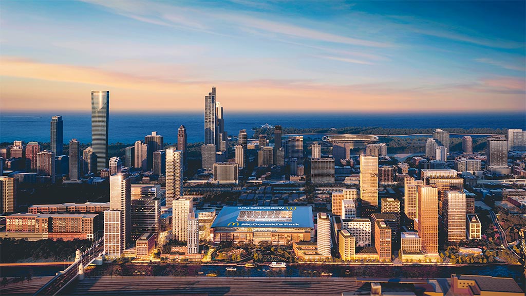 A city skyline at sunset.