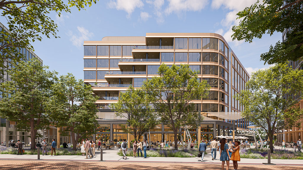 A building with trees and people outside.