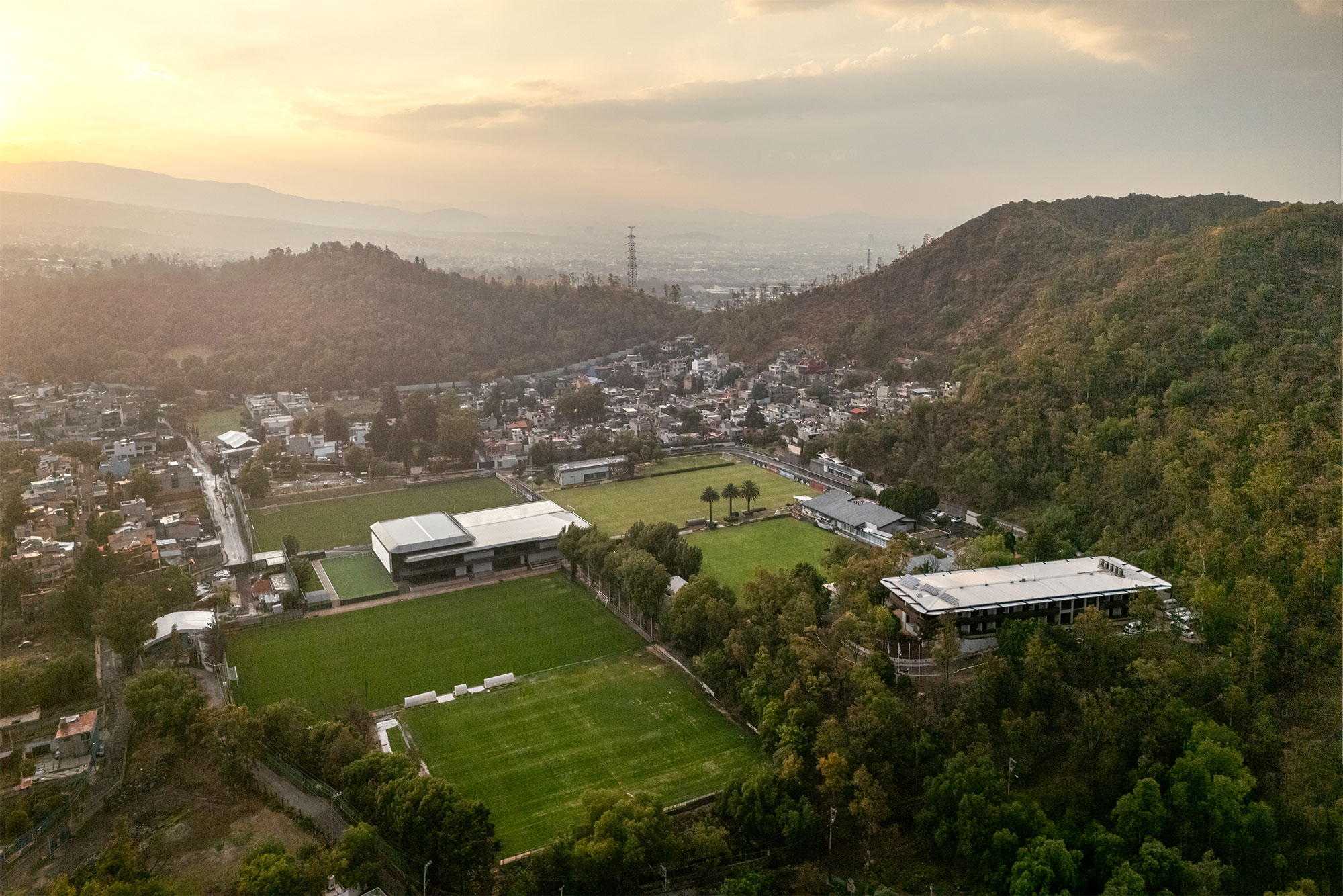 A landscape with buildings and trees.