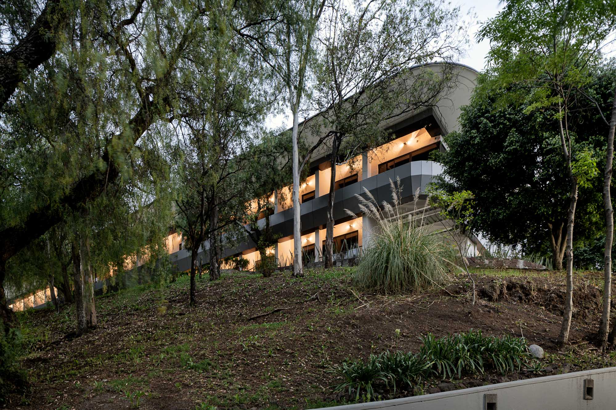 A house with trees around it.