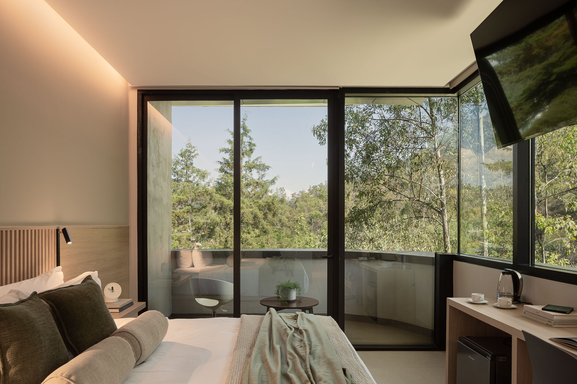 A room with a large window.