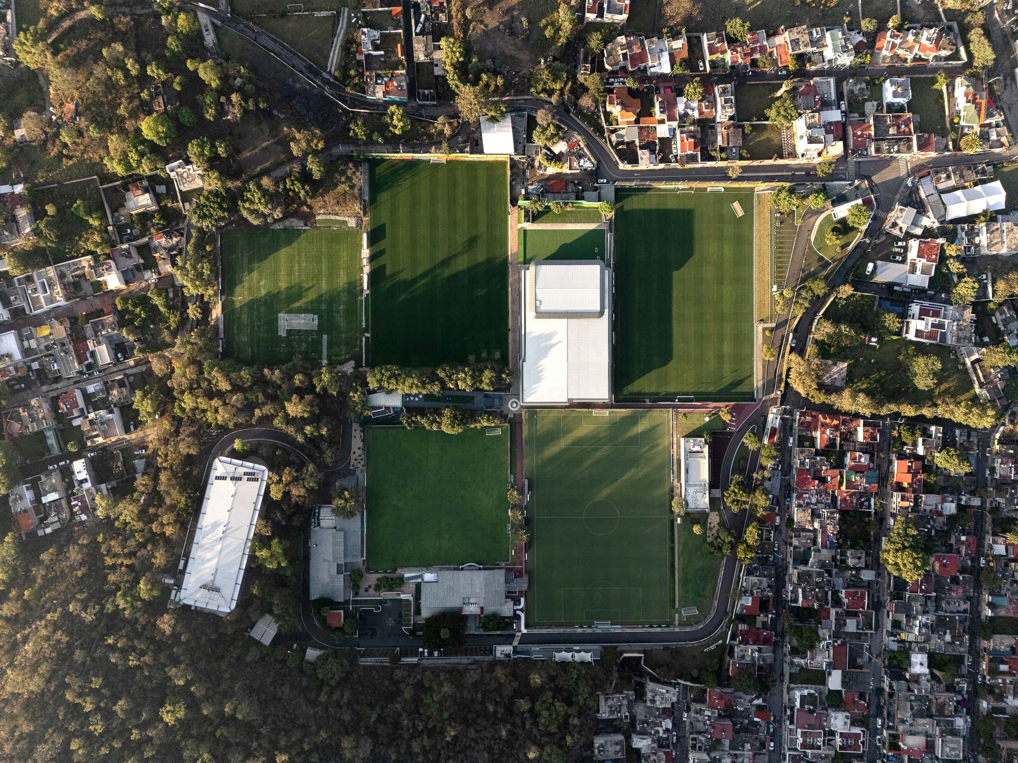 Aerial view of a sports stadium.