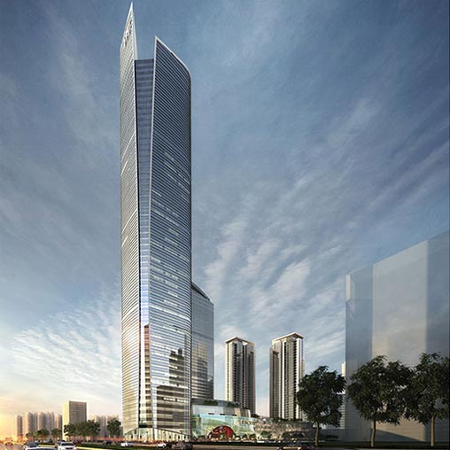 A tall glass building.
