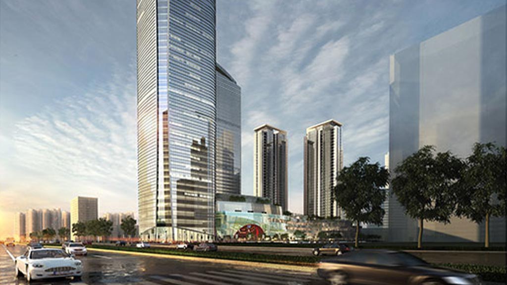 A city with tall buildings.