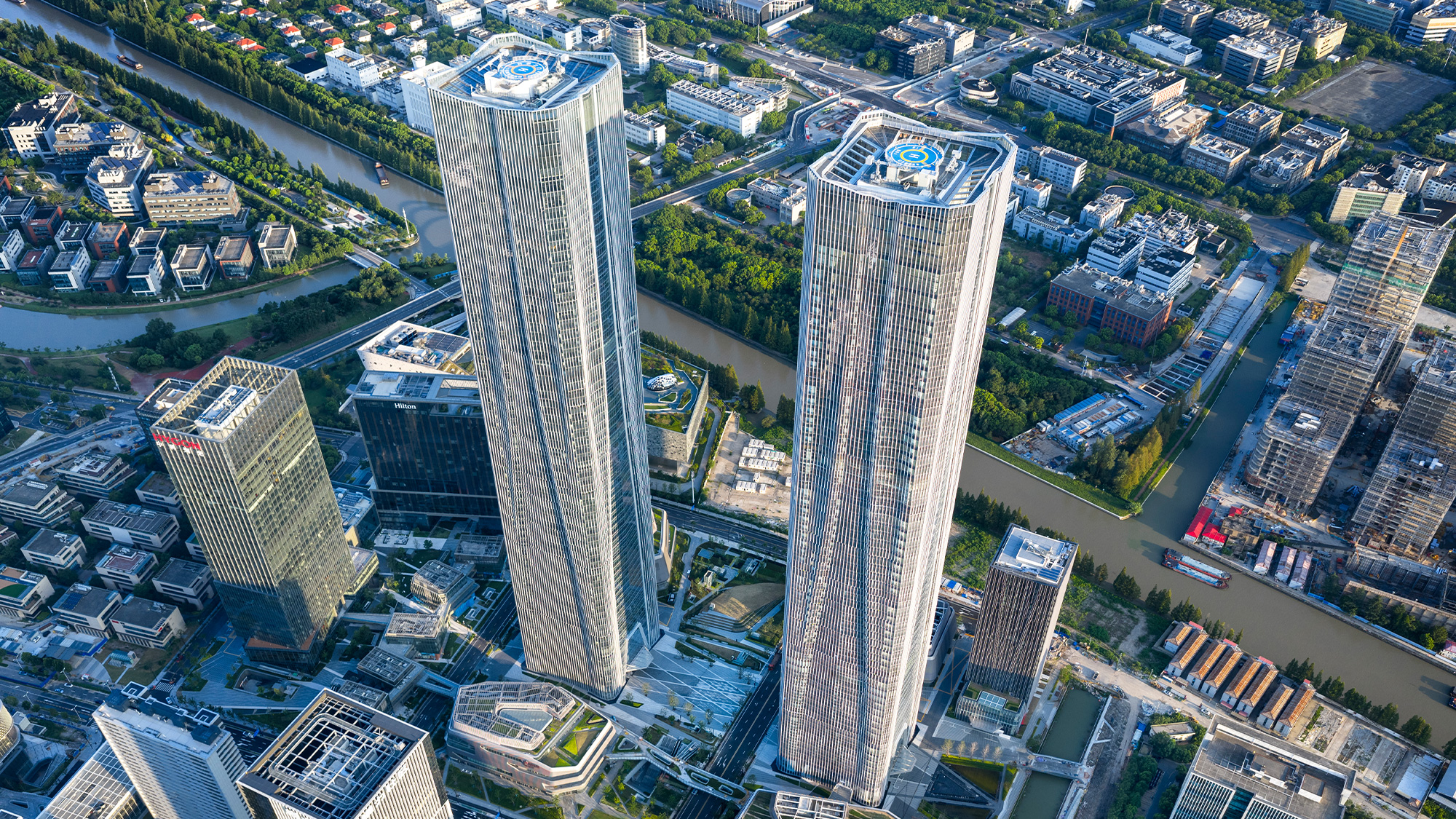 A high angle view of a city.