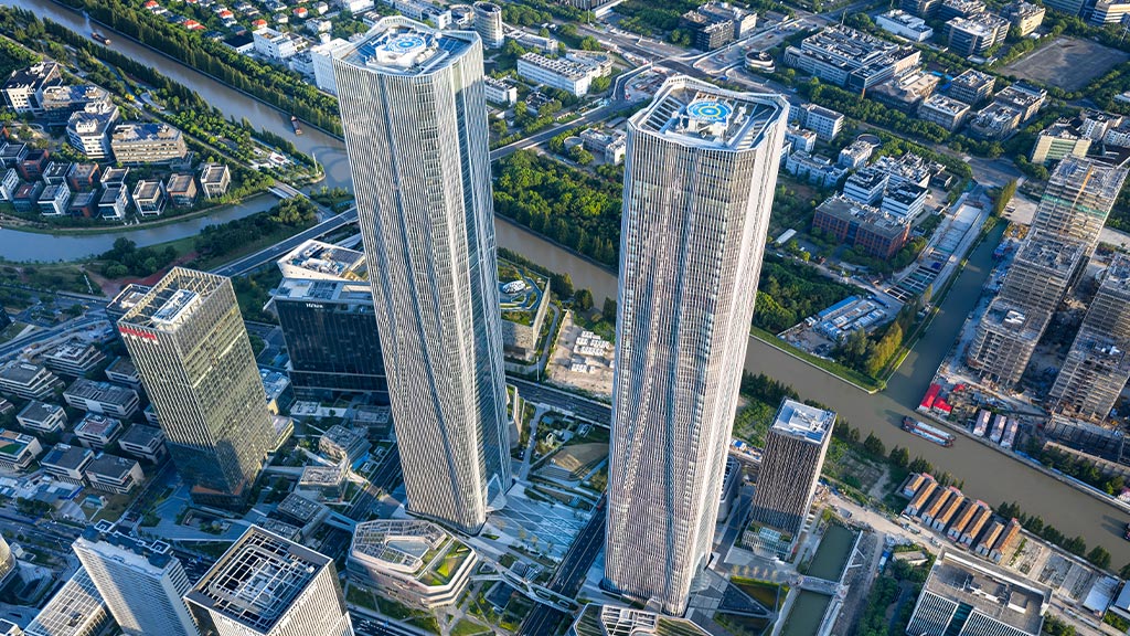A high angle view of a city.
