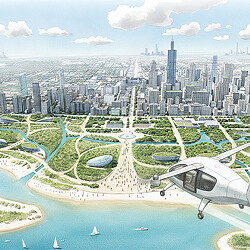 A helicopter flying over a city.