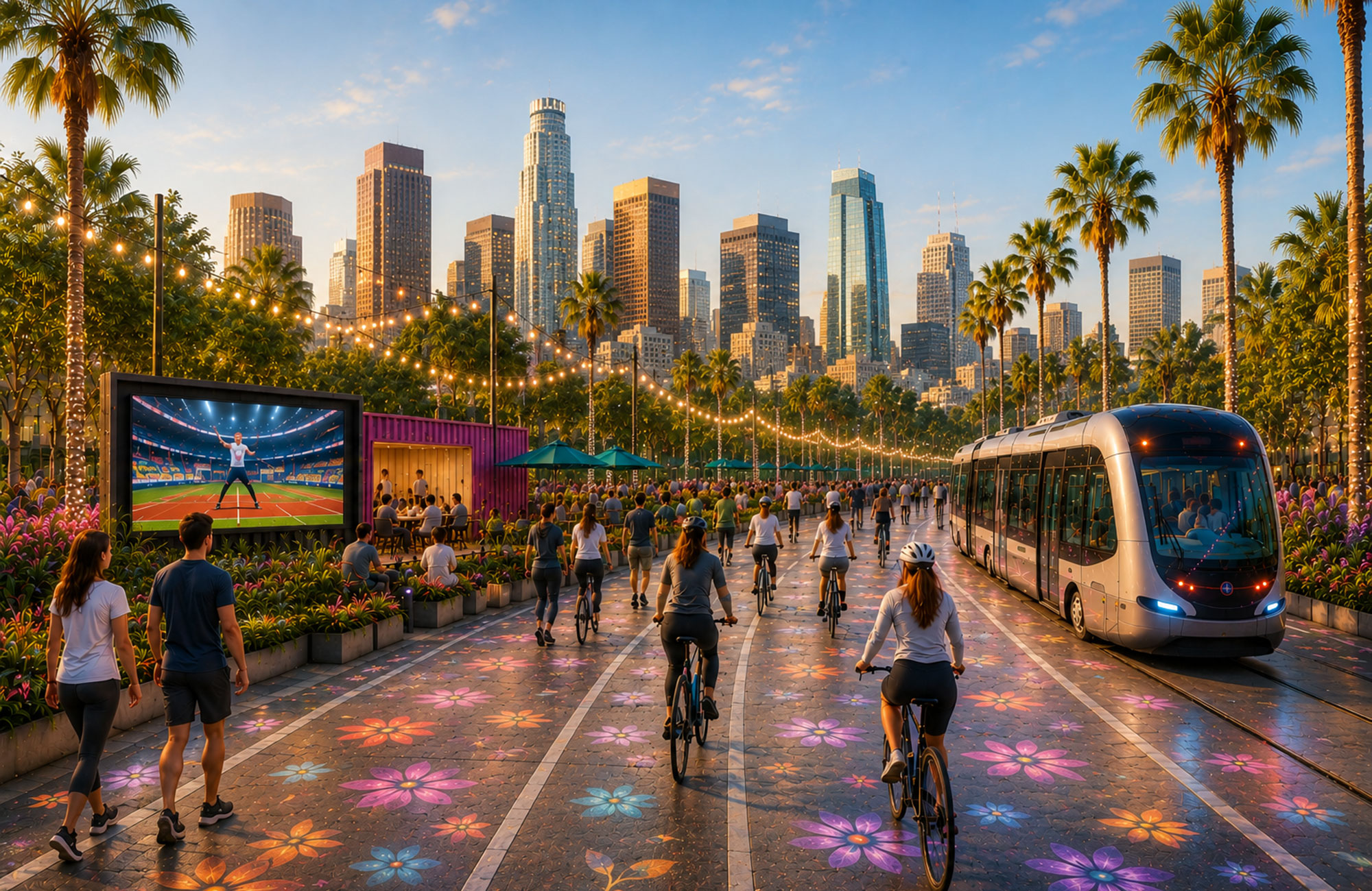 A group of people riding bikes on a street with a train and buildings in the background.
