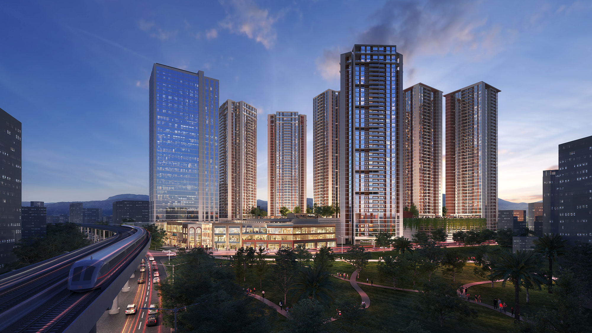 A city with tall buildings.