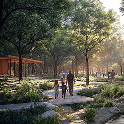 A group of people walking in a park.