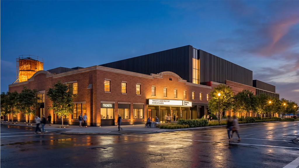 A building with people walking around.