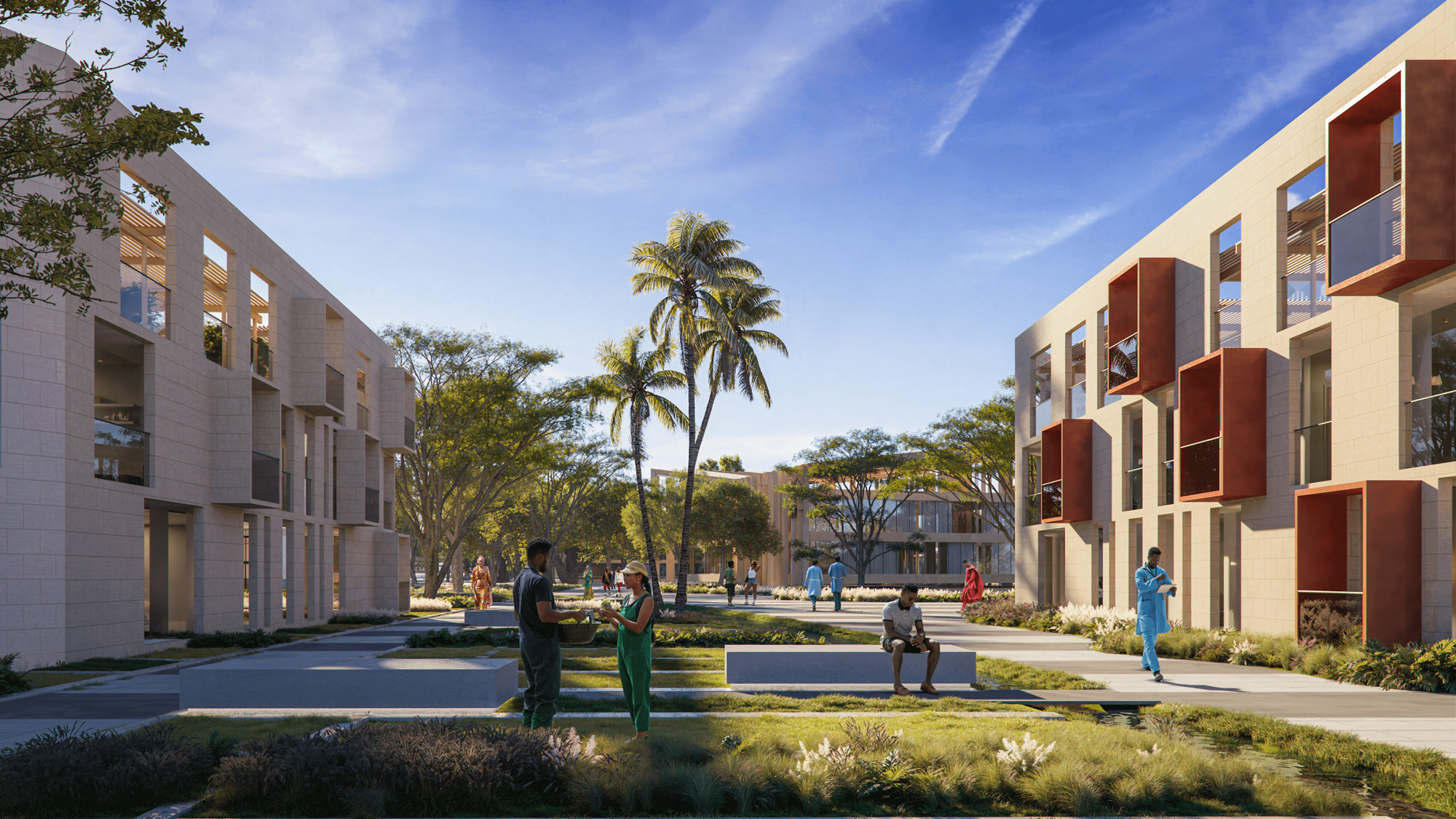 A group of people in a courtyard.