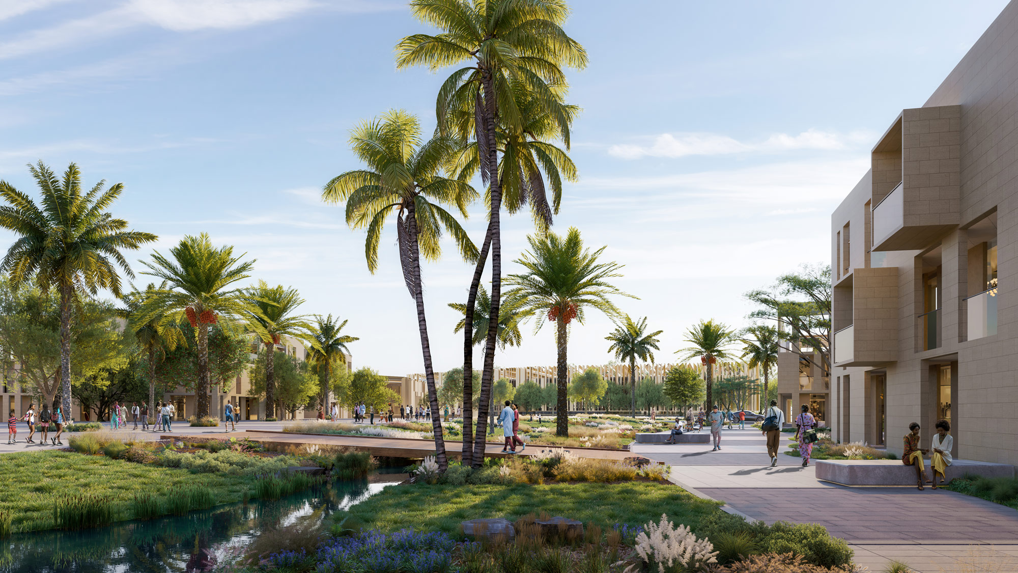 A group of people walking around a pond with palm trees and buildings.