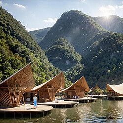 A group of huts on a dock.