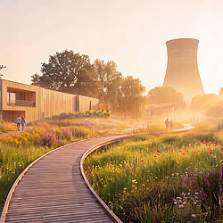 A path with flowers and grass by a building with a tower in the background.