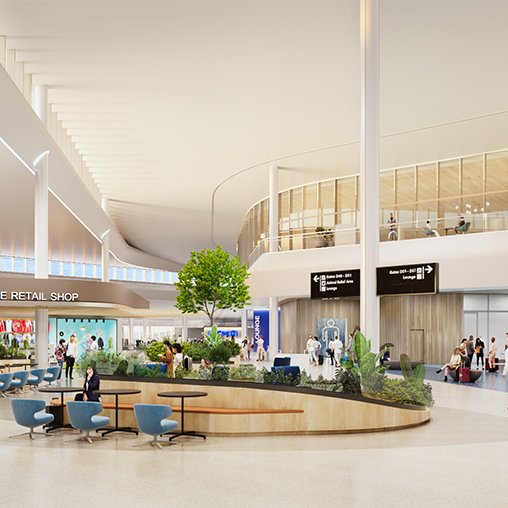 A mall with people and shopping carts.