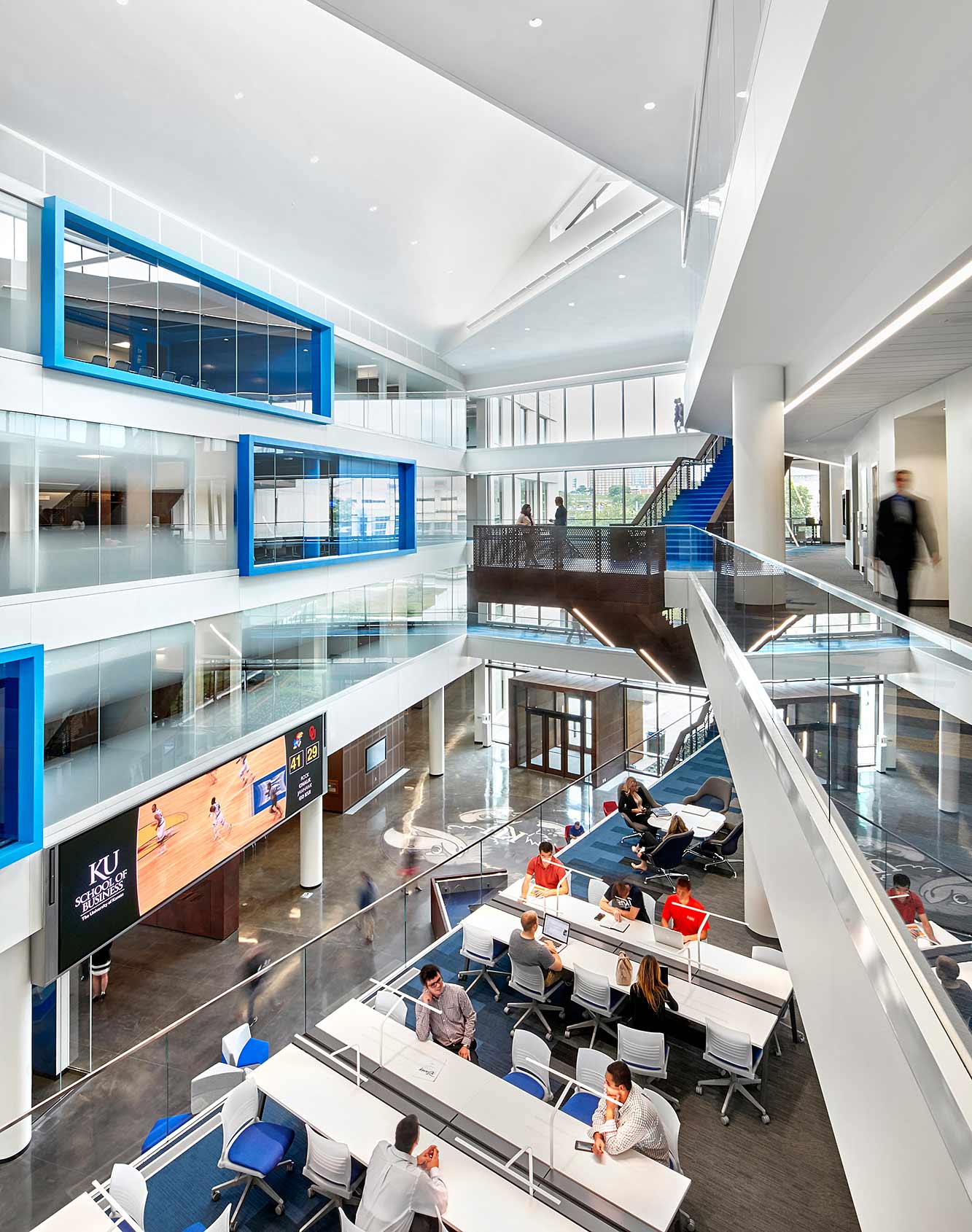 A high angle view of people in a building.